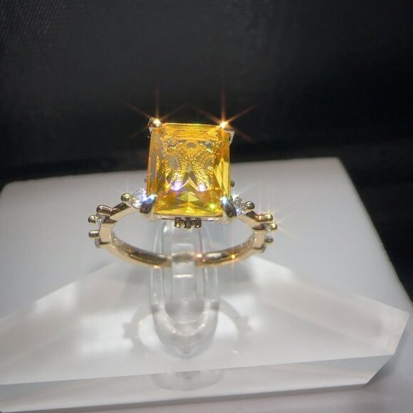 Yellow Radiant Cut CZ Ring Gold-Plated Brass Size 6 - Picture 6 of 14